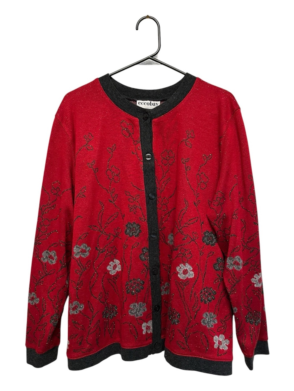 Vintage 80s/90s Eccobay Red Floral Embellished Cardigan with Black Trim XL